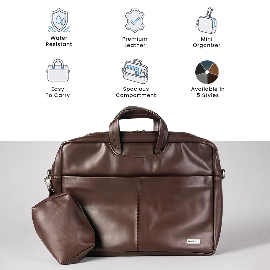 Spacething Helios Leather Laptop Bag With Free Tech Organiser Pouch - Brown