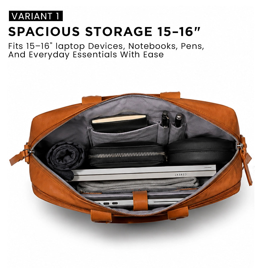 Spacething Helios Leather Laptop Bag With Free Tech Organiser Pouch - Brown