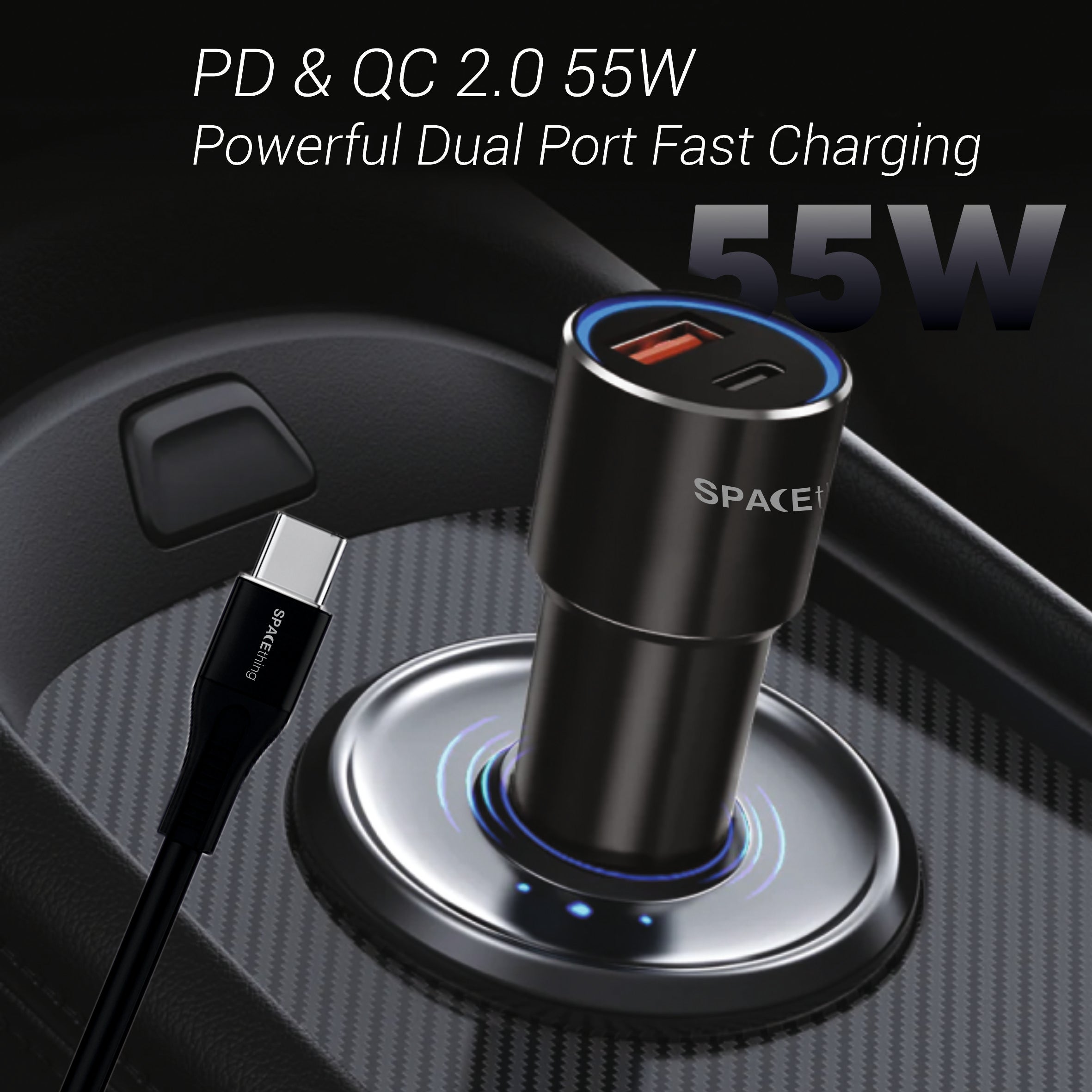 Spacething Speedo Car Charger 55W (with USB-C to USB-C Cable) Colour - Black