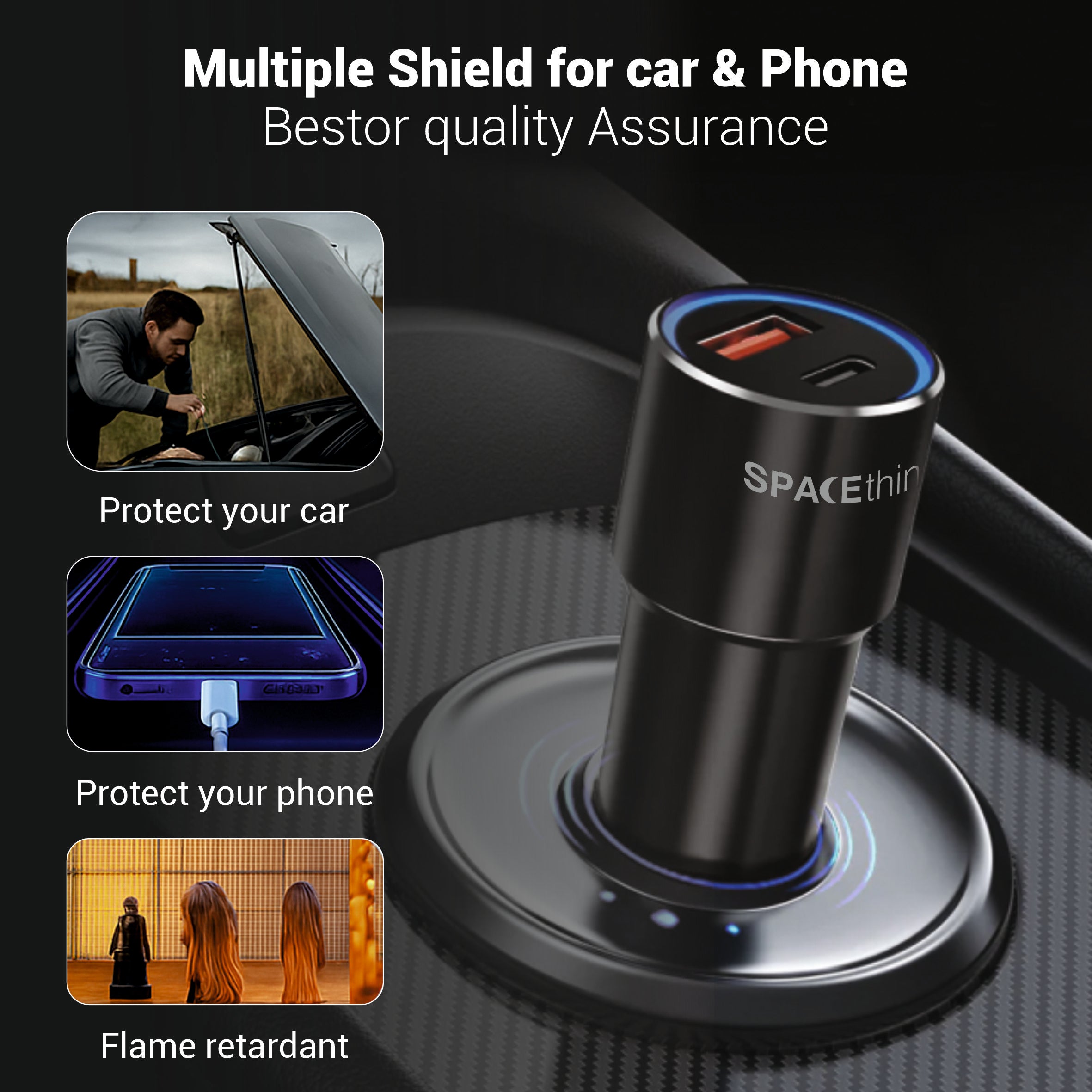 Spacething Speedo Car Charger 55W (with USB-C to USB-C Cable) Colour - Black