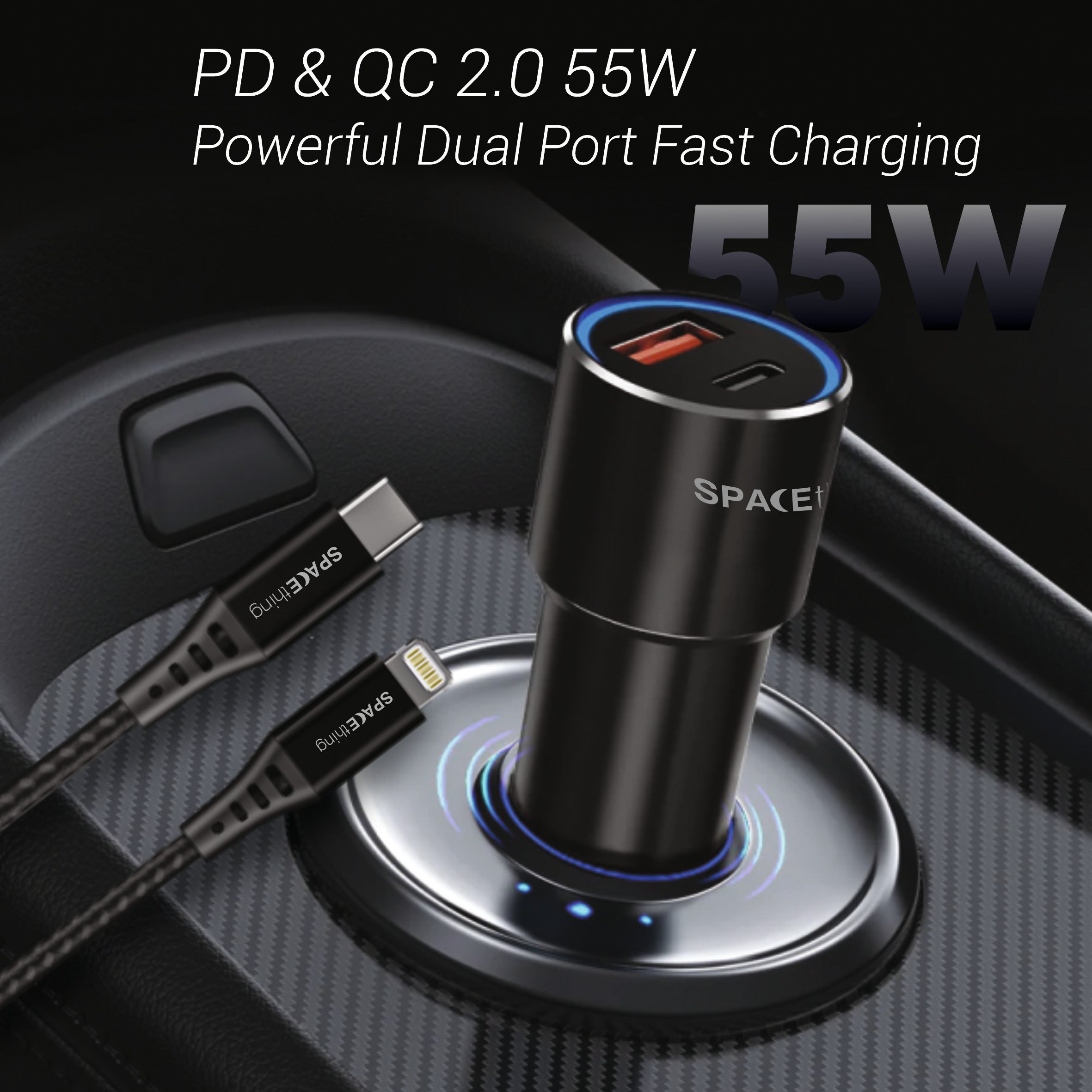 Spacething Speedo Car Charger 55W (with USB-C to Lightning Cable) Colour - Black