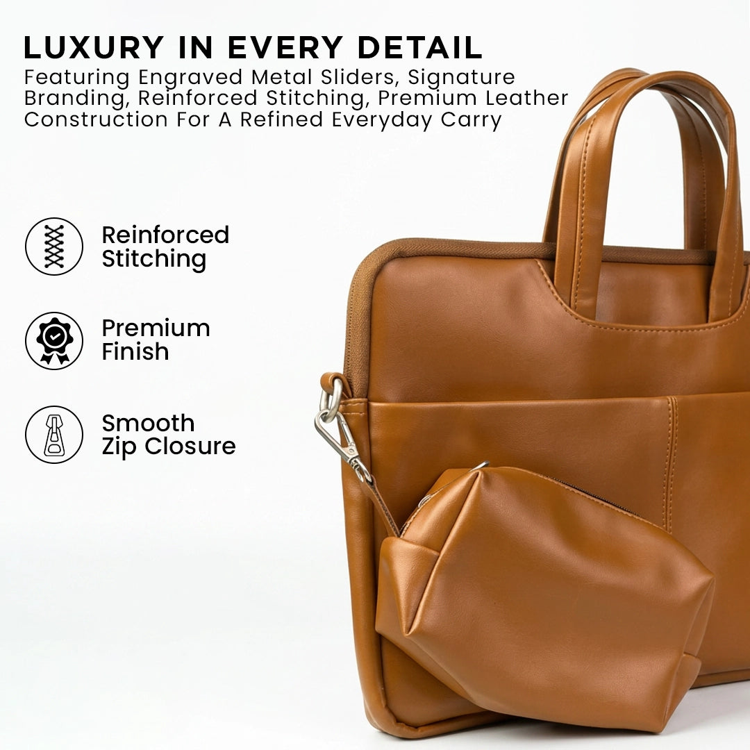 Spacething Helios Leather Laptop Bag With Free Tech Organiser Pouch - Brown