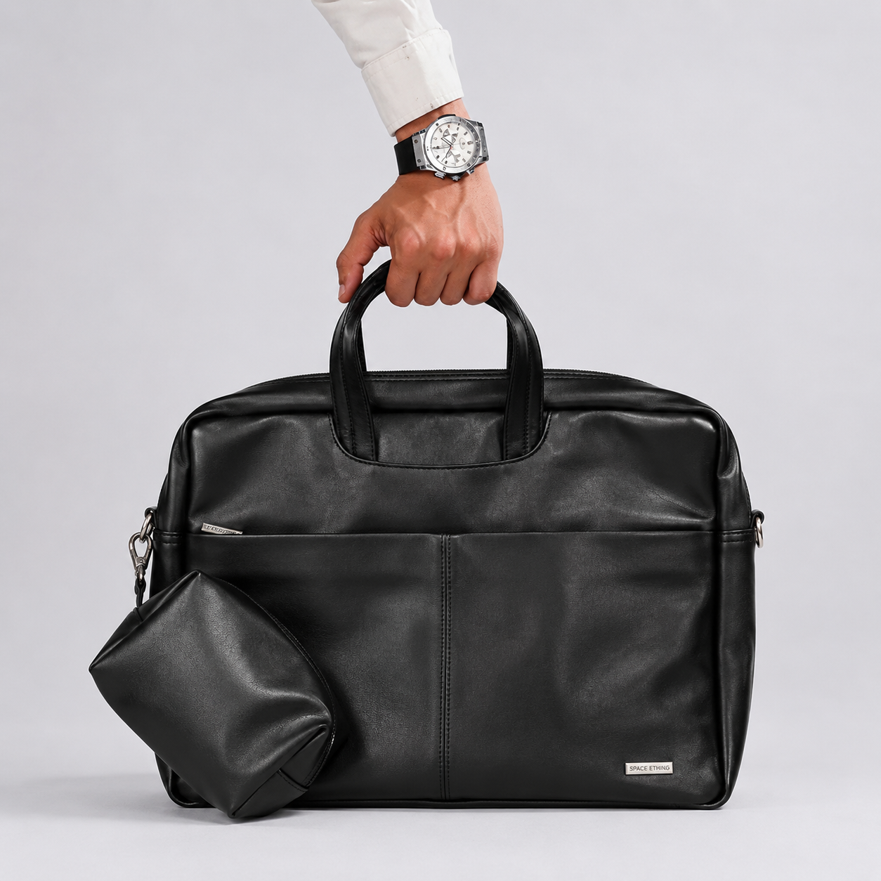 Spacething Helios Leather Laptop Bag With Free Tech Organiser Pouch - Black