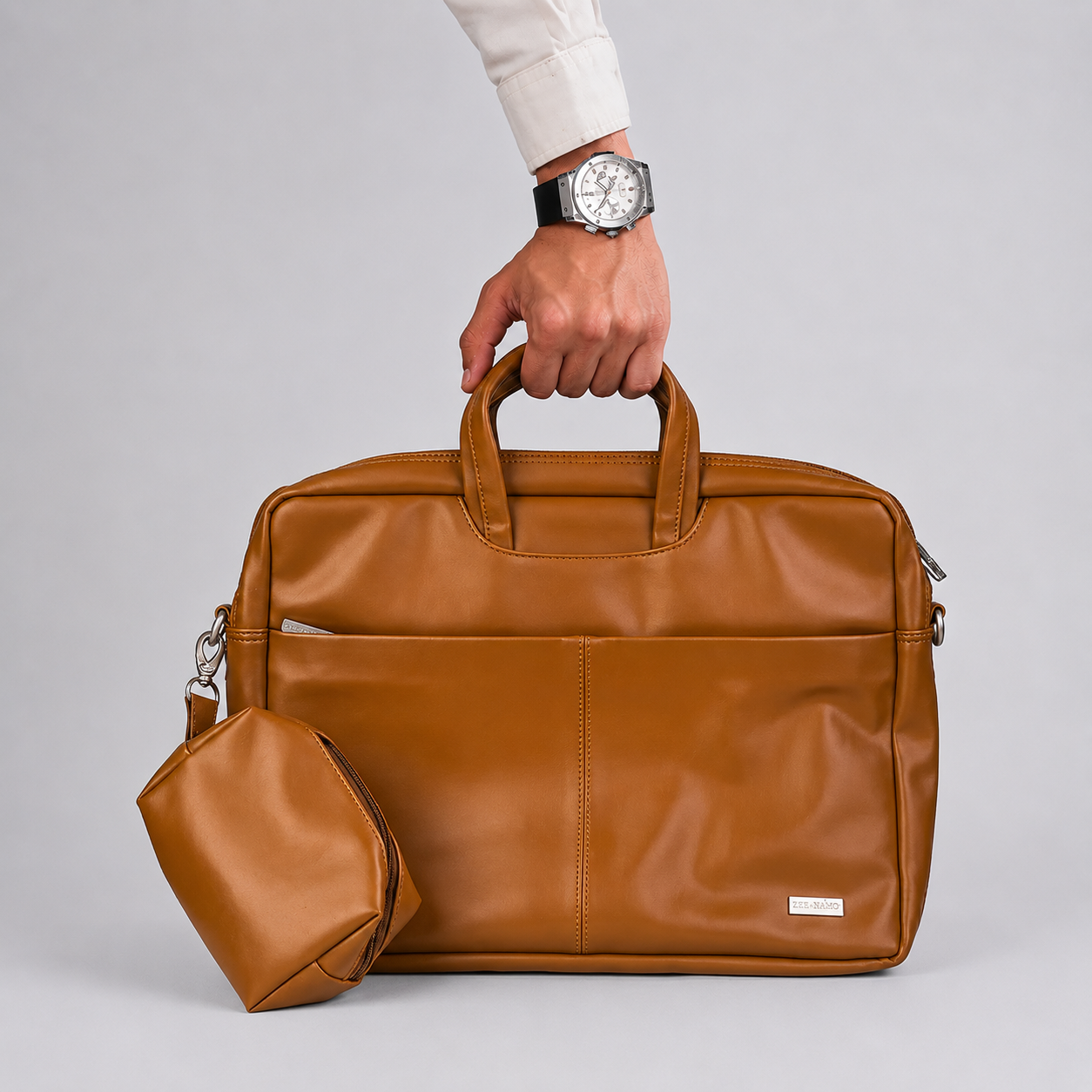 Spacething Helios Leather Laptop Bag With Free Tech Organiser Pouch - Tan Brown