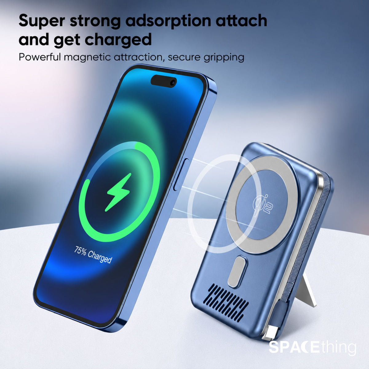 Spacething Marbella 10,000mAh Qi2 Magnetic Wireless Power Bank with Stand - Blue