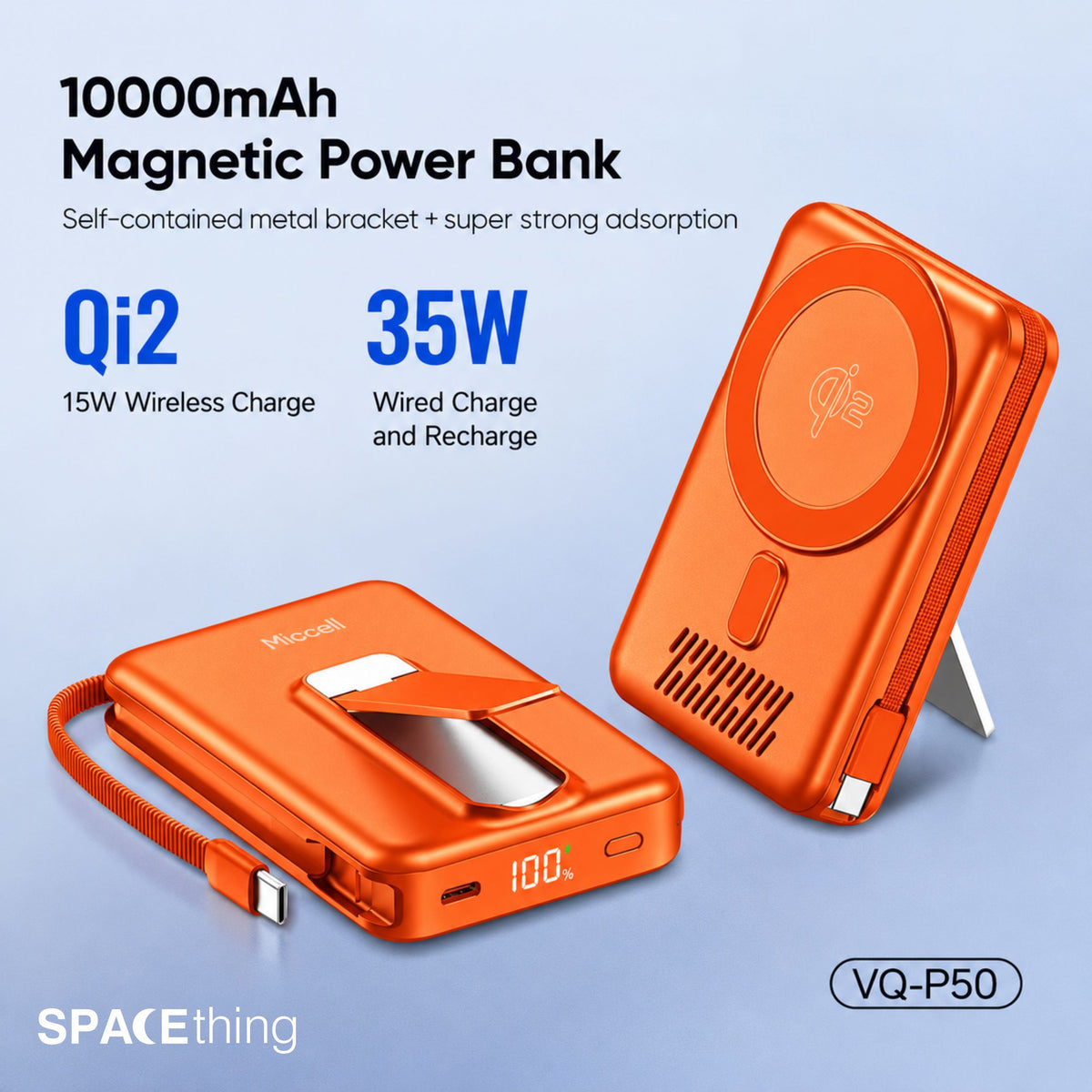 Spacething Marbella 10,000mAh Qi2 Magnetic Wireless Power Bank with Stand - Orange