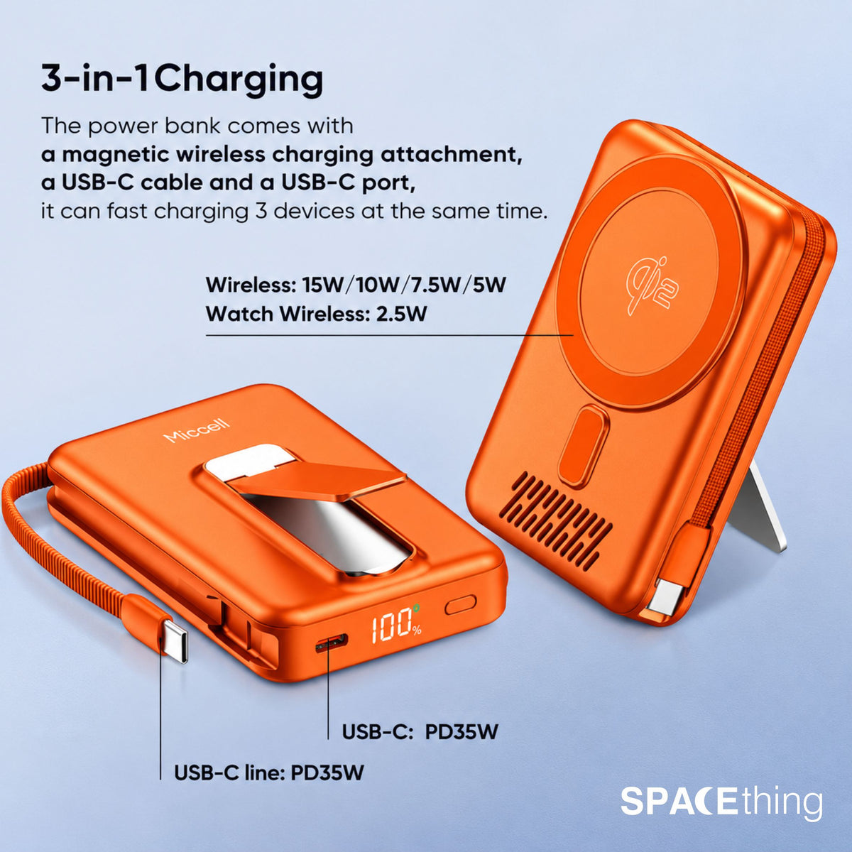 Spacething Marbella 10,000mAh Qi2 Magnetic Wireless Power Bank with Stand - Orange