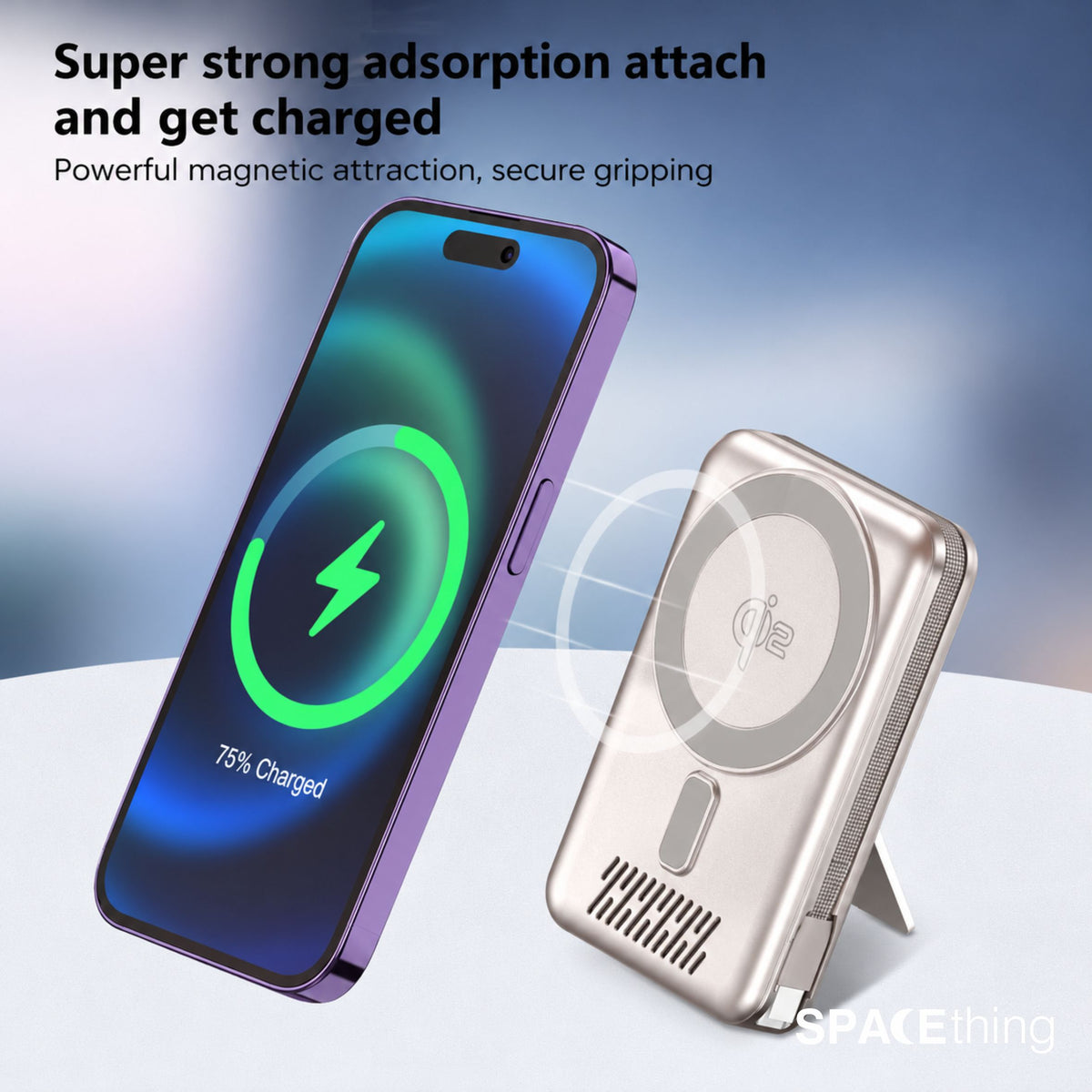 Spacething Marbella 10,000mAh Qi2 Magnetic Wireless Power Bank with Stand - Silver