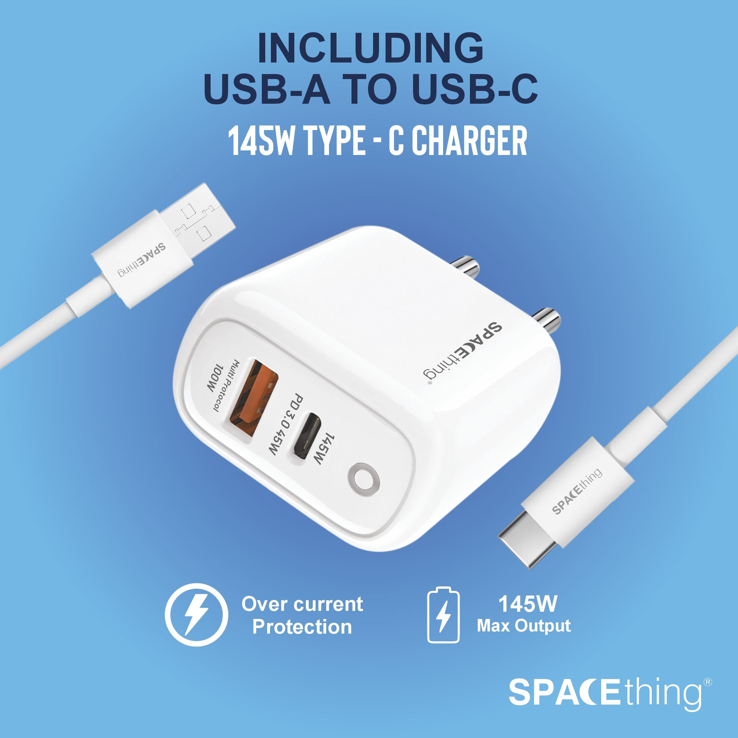 Spacething Rapid 145 Wall Charger – 145W Dual USB to C Cables  Colour - White