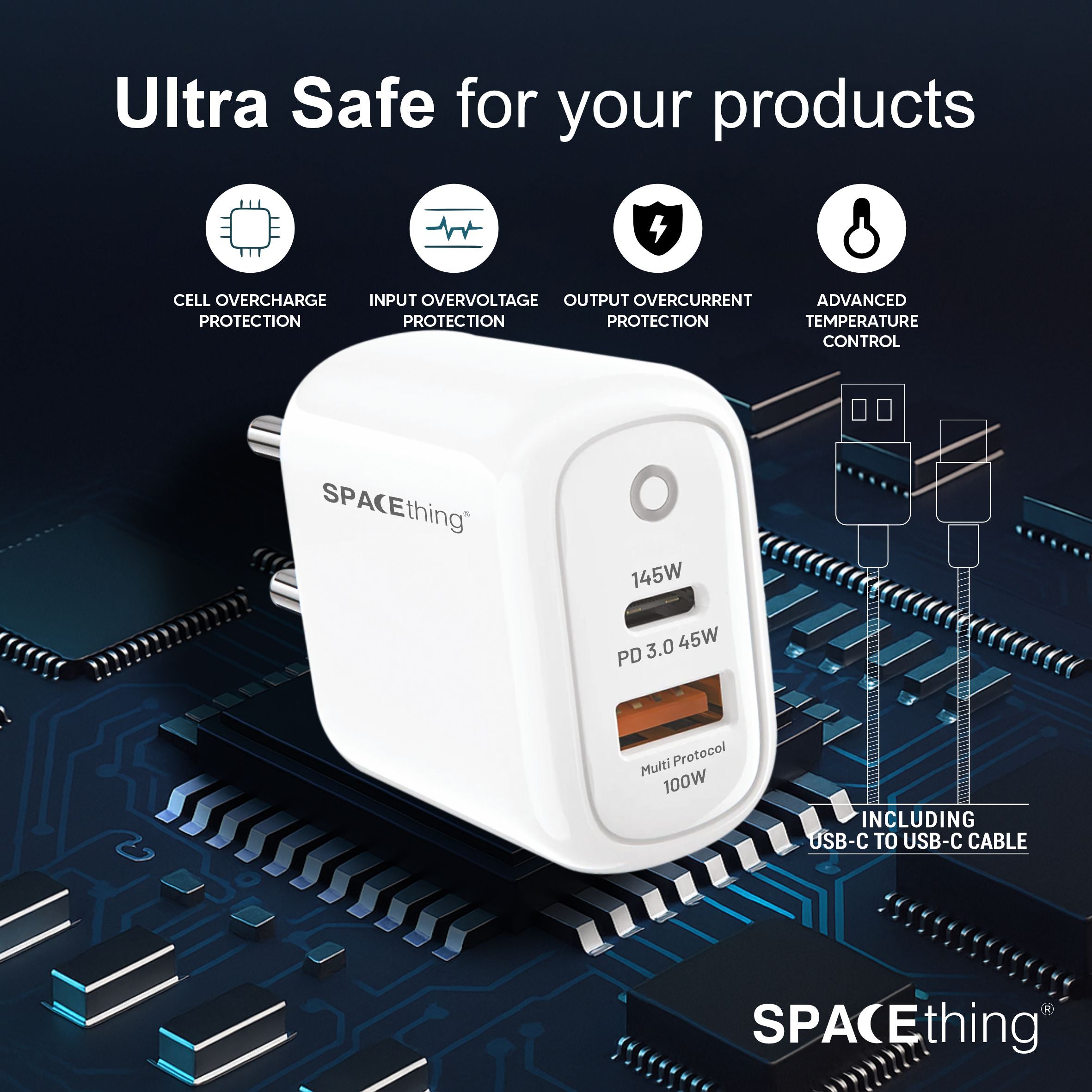 Spacething Rapid 145 Wall Charger – 145W Dual USB to C Cables  Colour - White