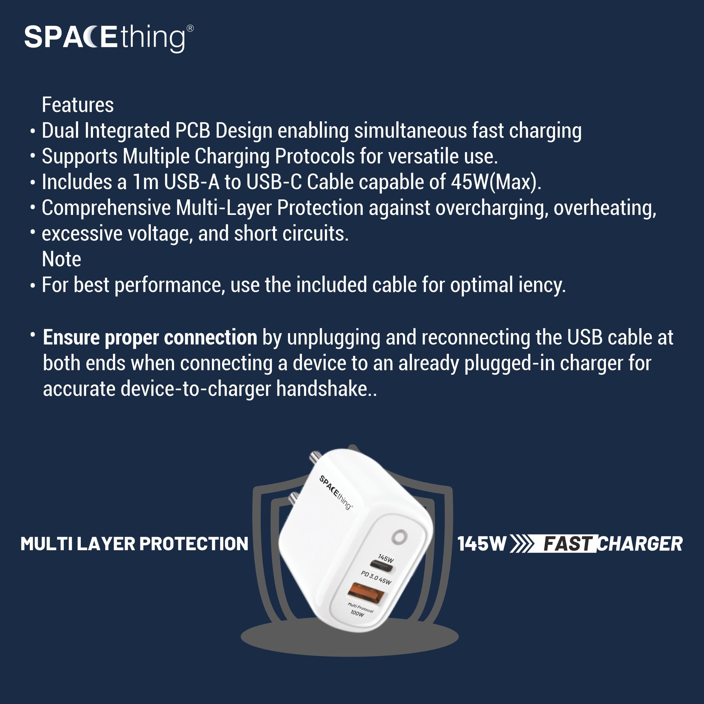 Spacething Rapid 145 Wall Charger – 145W Dual USB to C Cables  Colour - White