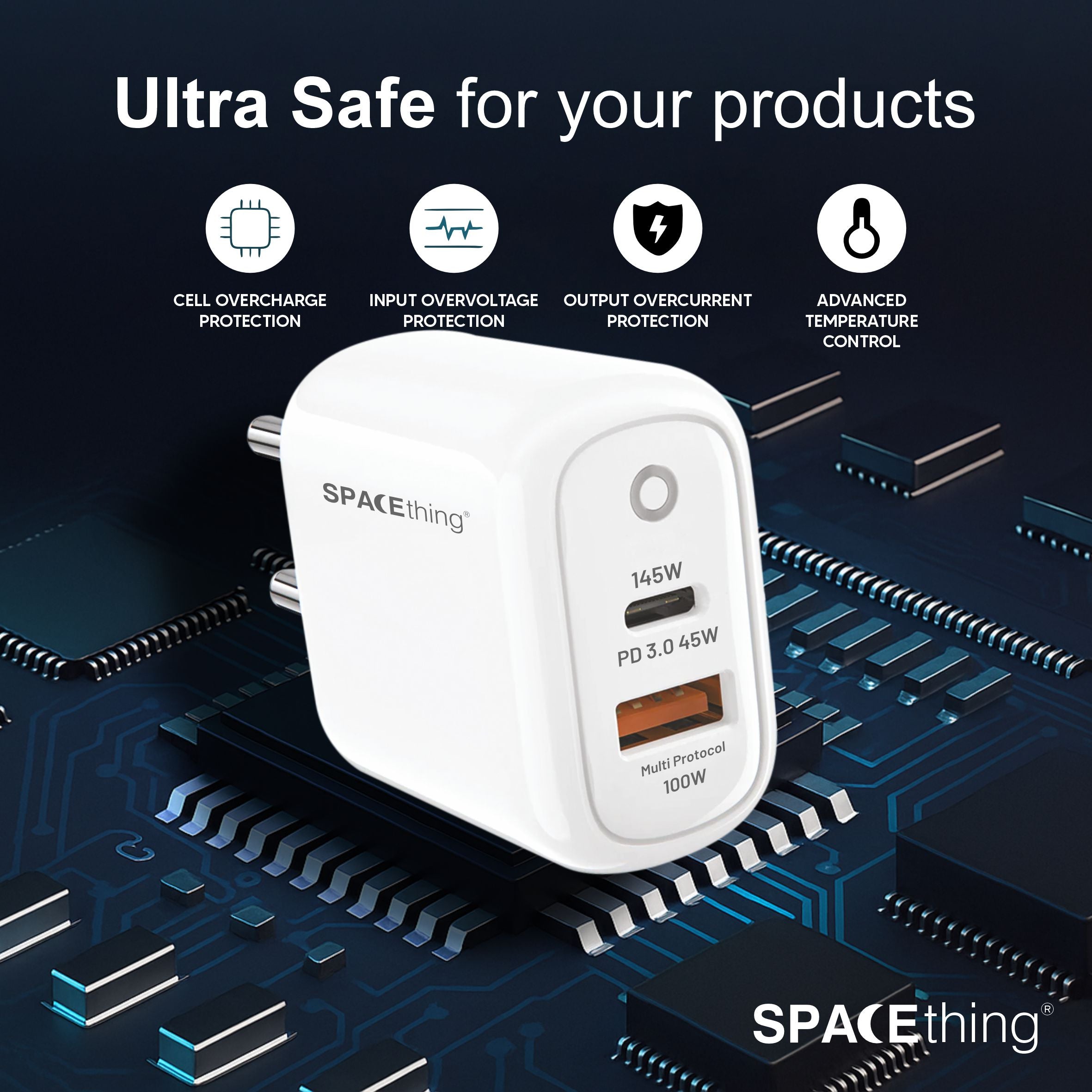 Spacething Rapid 145W GaN Wall Charger (with USB-C to C Cable)  Colour - White