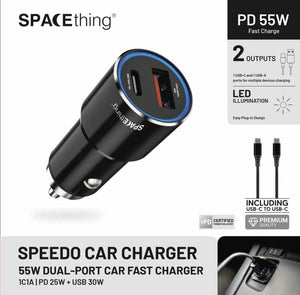 SPACETHING SPEEDO CAR CHARGER PD 55W INCLUDING USB-C TO USB C 1.5 MTR CABLE COLOUR- BLACK