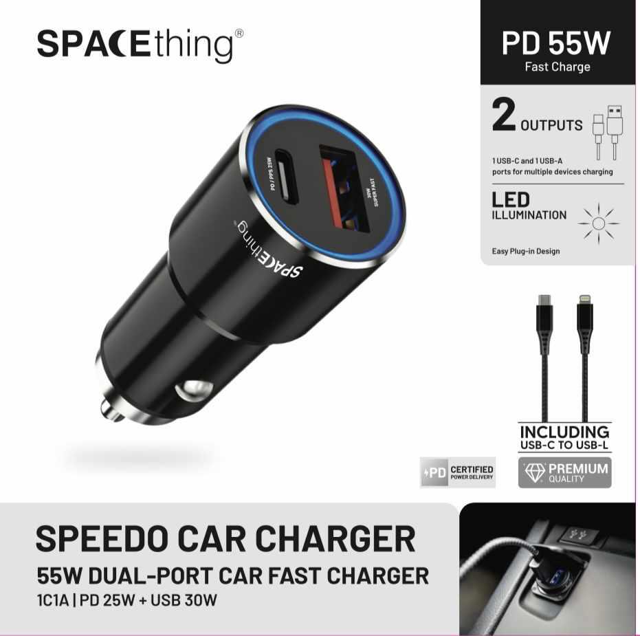 SPACETHING SPEEDO CAR CHARGER PD 55W INCLUDING USB-C TO USB L 1.5 MTR CABLE COLOUR- BLACK