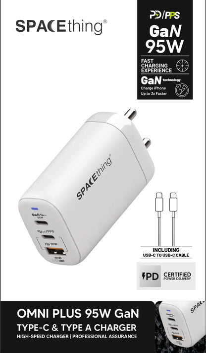 Spacething Omni Plus 95W GaN Charger PD&PPS 2-USB-C + 1-USB-A Ports Colour - White