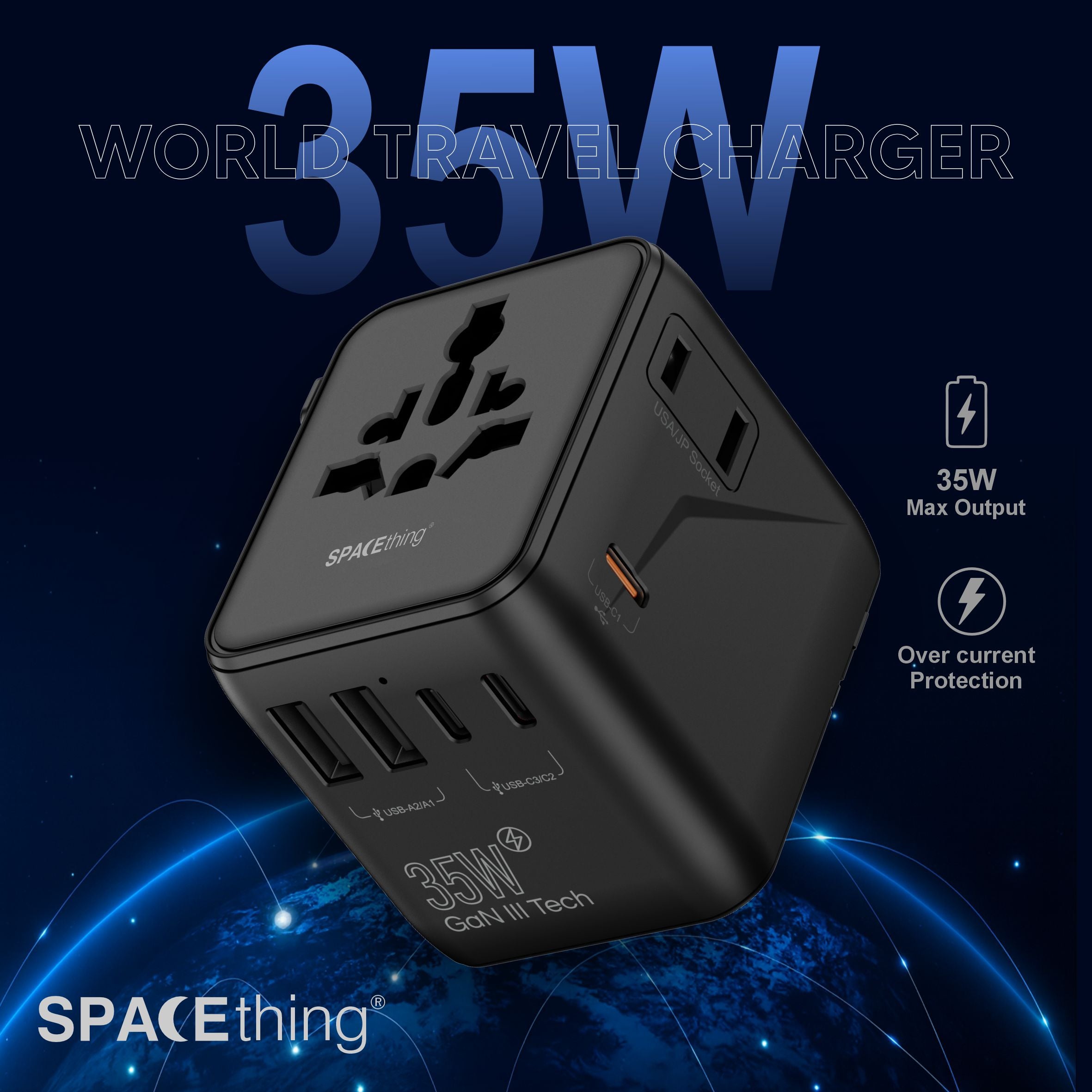 Spacething World Travel Adapter 20W  UK, EU, US, AUS Colour - BLACK