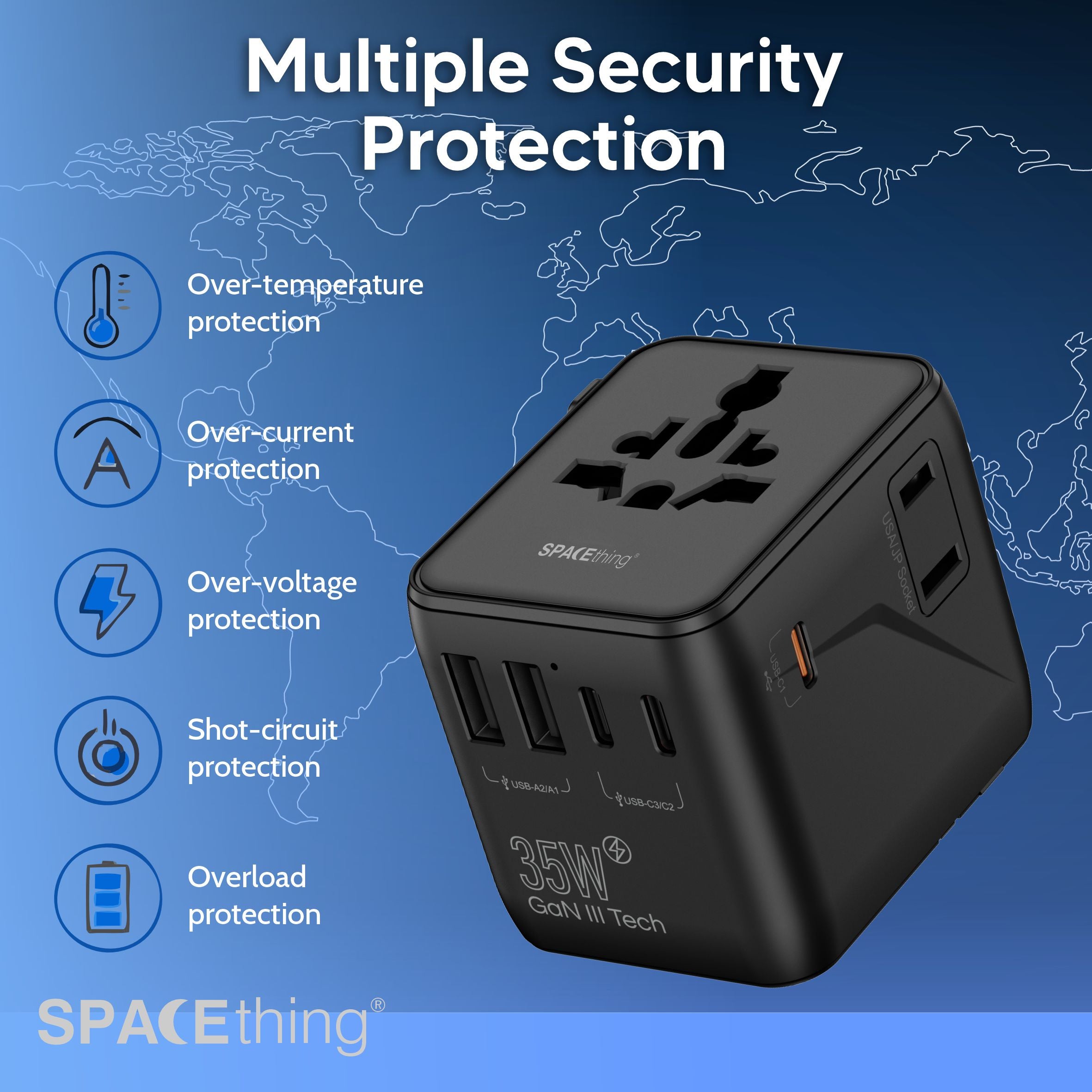 Spacething 35W GaN World Travel Charger (2C+2A) UK, EU, US, AUS Colour - BLACK