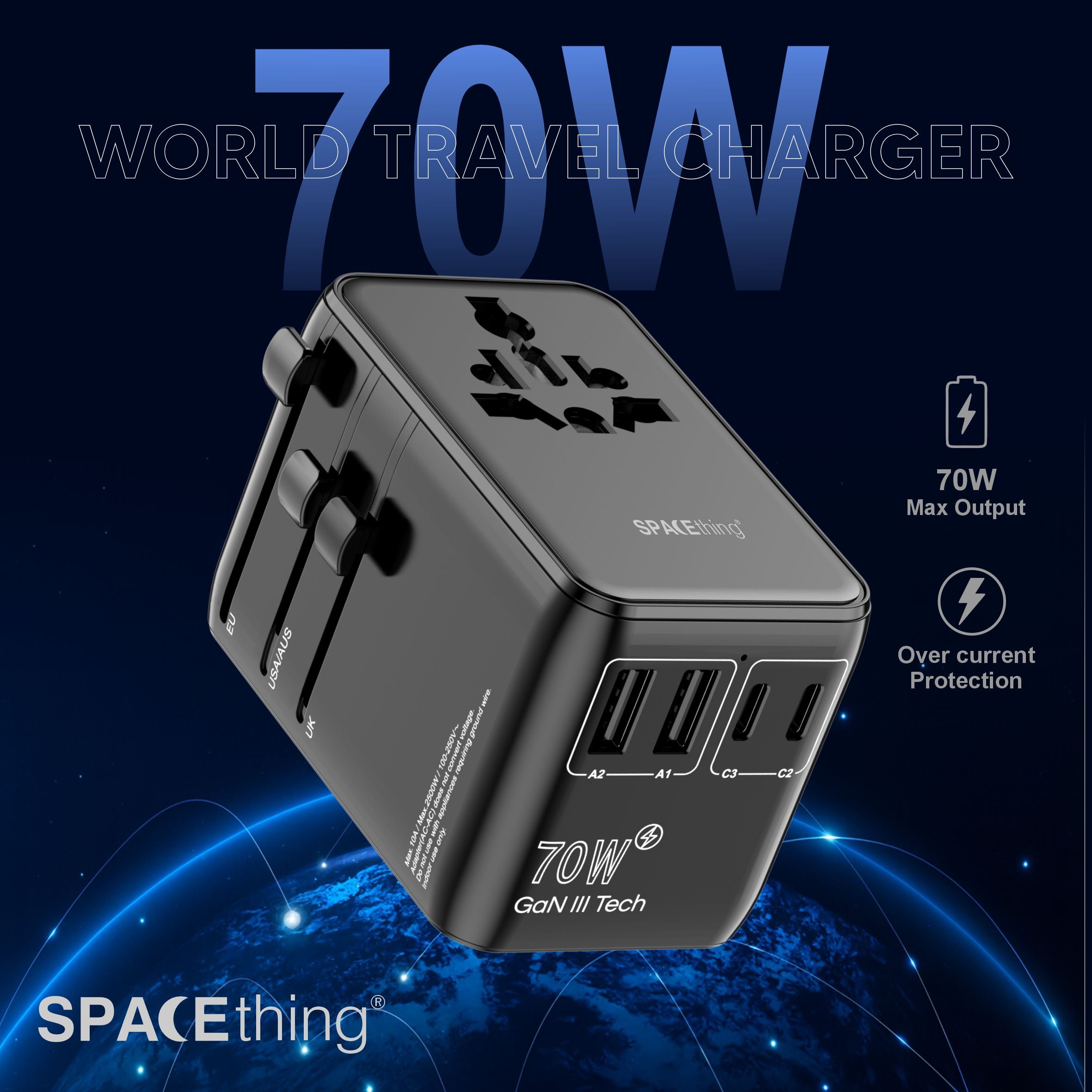 Spacething World Travel Adapter 20W  UK, EU, US, AUS Colour - BLACK