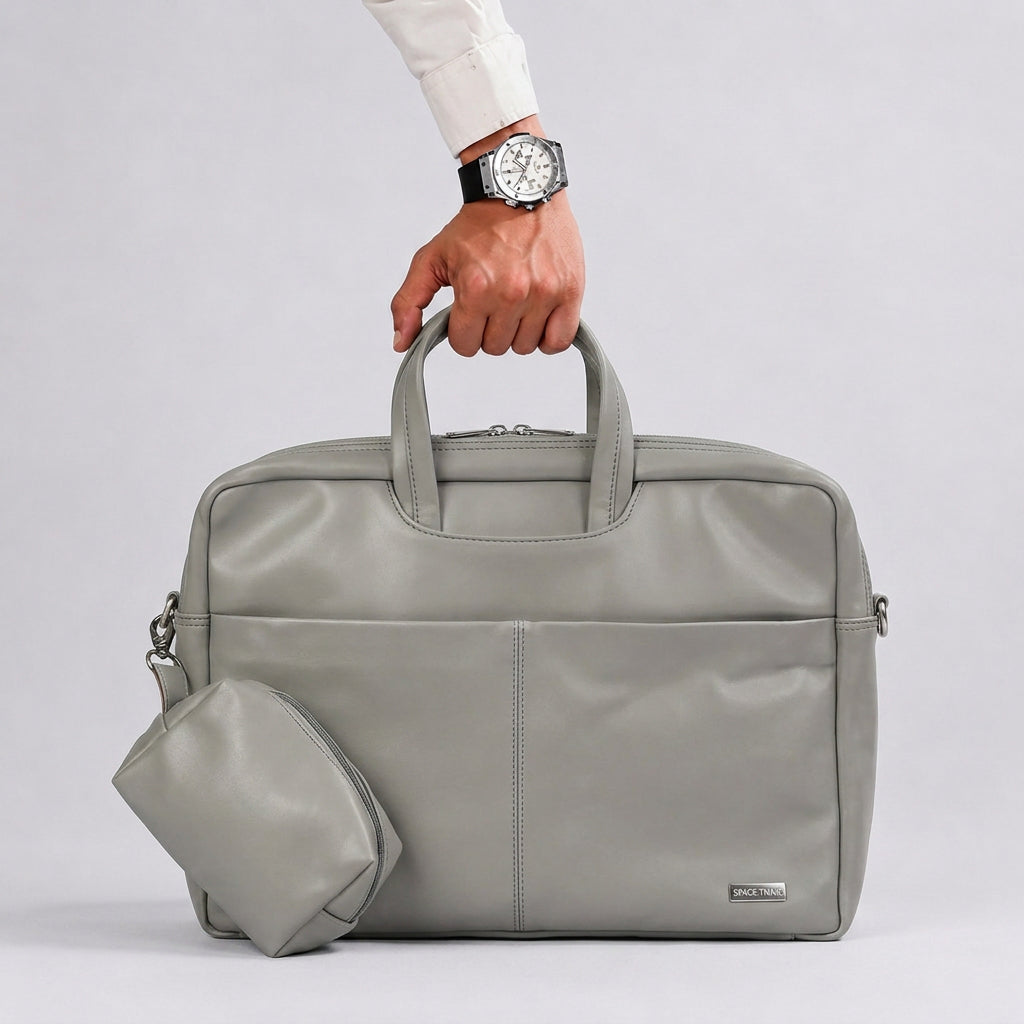 Spacething Helios Leather Laptop Bag With Free Tech Organiser Pouch - Grey