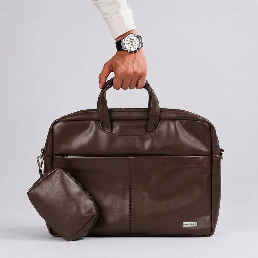 Spacething Helios Leather Laptop Bag With Free Tech Organiser Pouch - Brown