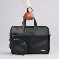 Spacething Helios Leather Laptop Bag With Free Tech Organiser Pouch - Black
