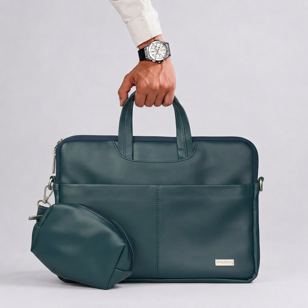 Spacething Helios Leather Laptop Bag With Free Tech Organiser Pouch - Blue
