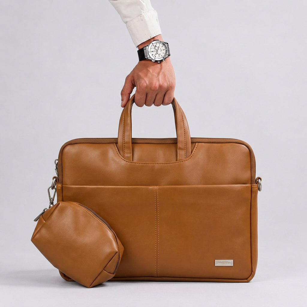 Spacething Helios Leather Laptop Bag With Free Tech Organiser Pouch - Tan Brown