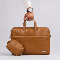 Spacething Helios Leather Laptop Bag With Free Tech Organiser Pouch - Tan Brown