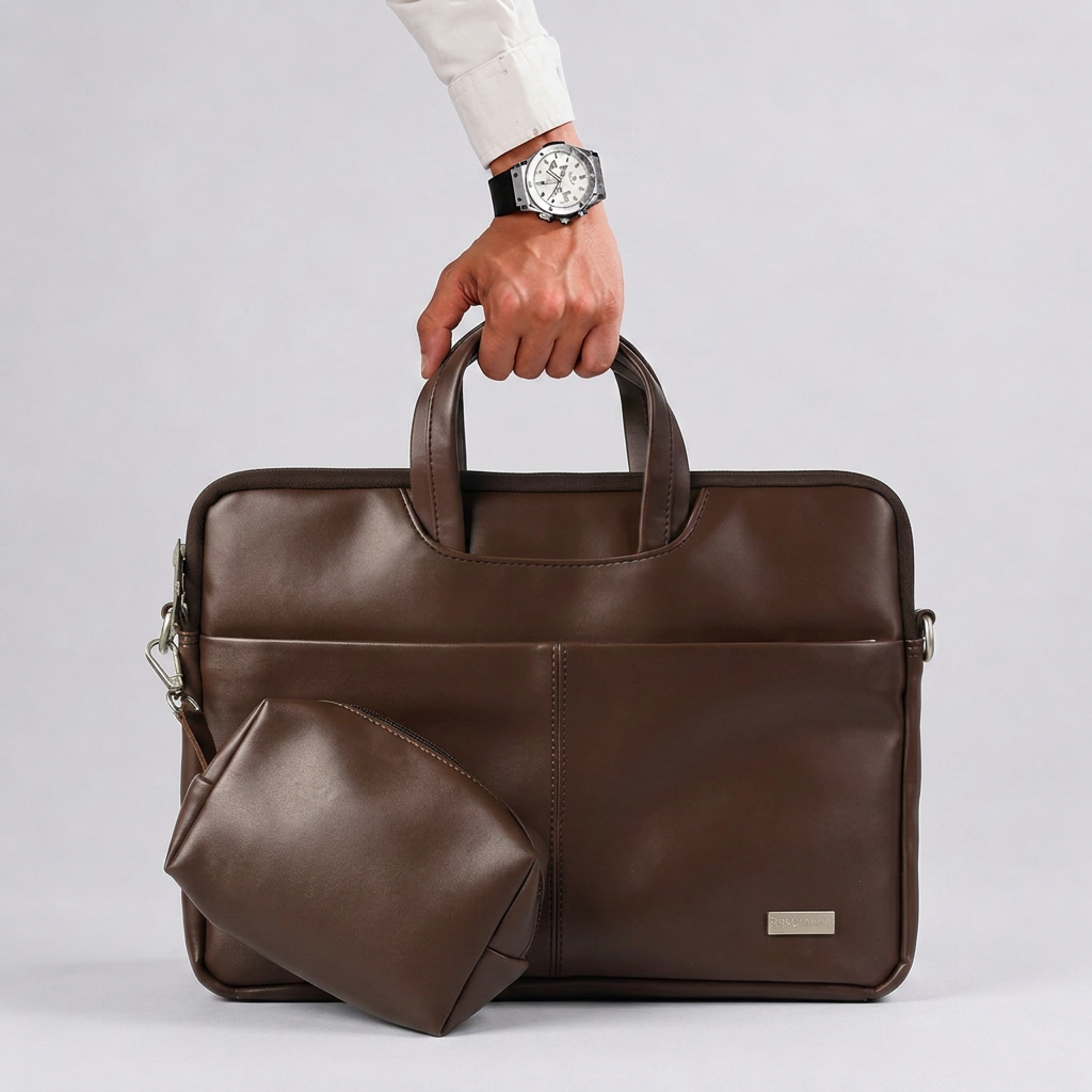 Spacething Helios Leather Laptop Bag With Free Tech Organiser Pouch - Brown